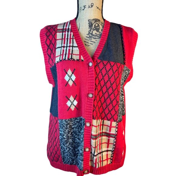 VTG Tabi Patchwork Sweater Vest Womens Lg Academia Grandma Core Clueless Preppy - Picture 1 of 7